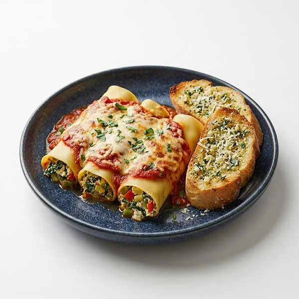 Four-Cheese Vegetable Cannelloni with Herbed Garlic Bread